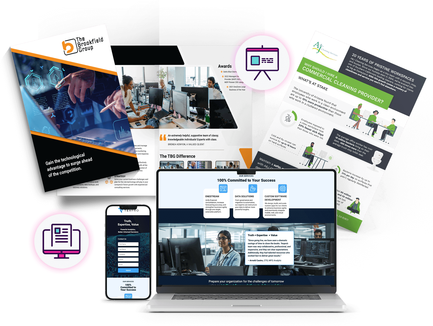 Marketing Collateral -Brochure, Infographic, Landing Page, Laptop, Phone, Pitch Deck